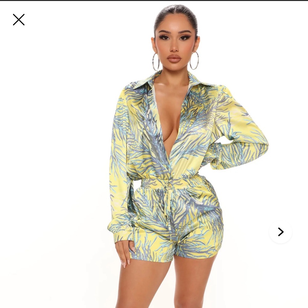 Yellow and Blue Leaf Print Romper